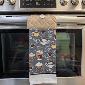 Coffee Print Kitchen Towel with Tan Holder